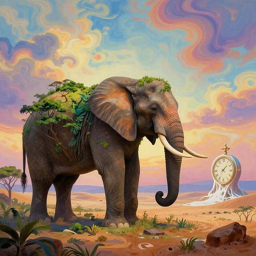 Digital artwork of a gray elephant with green foliage on its back, standing in a vibrant, surreal desert landscape with a clock in the background. Swir