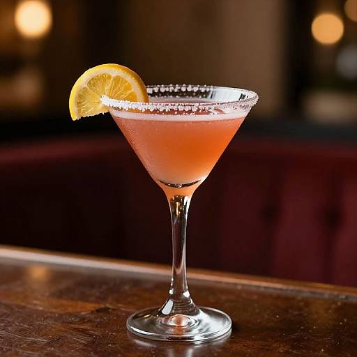 Photograph of a margarita with a salt-rimmed glass, orange slice garnish, on a wooden bar, blurred warm background.
