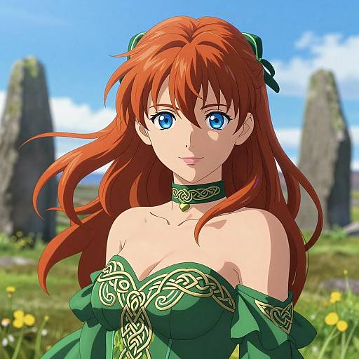 Digital anime-style drawing of a red-haired woman with blue eyes, wearing a green, off-shoulder dress with Celtic patterns, standing in a sunny