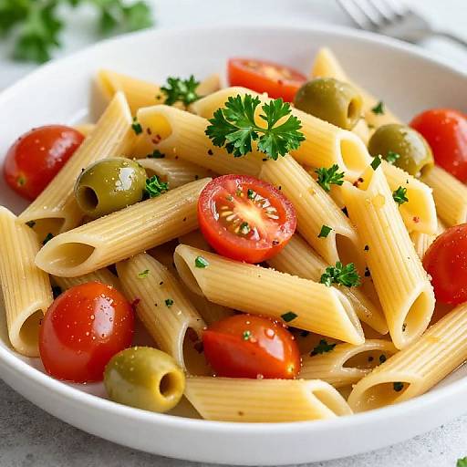 Photograph of a white bowl filled with penne pasta, cherry tomatoes, green olives, and parsley, garnished with pepper, under bright light