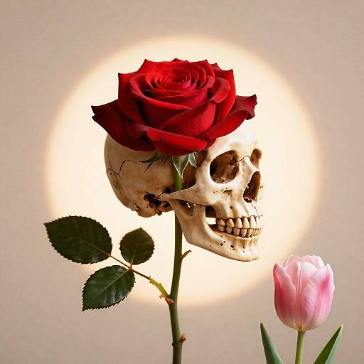 Red Rose with Skull and Pink Tulip