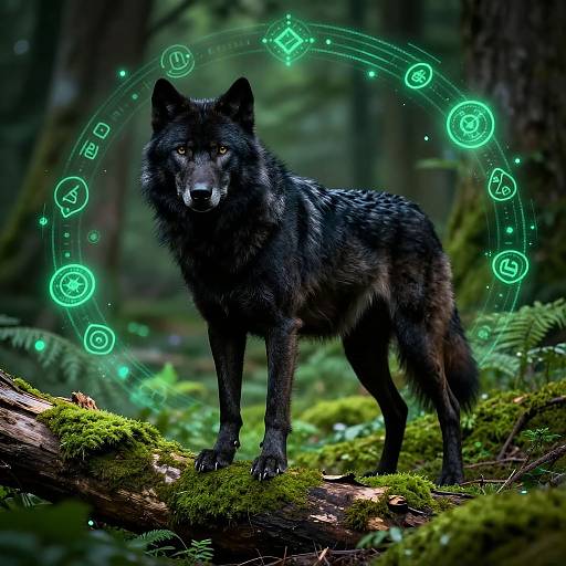 Photograph of a black wolf standing on a moss-covered log in a forest, with glowing green digital icons encircling its head.