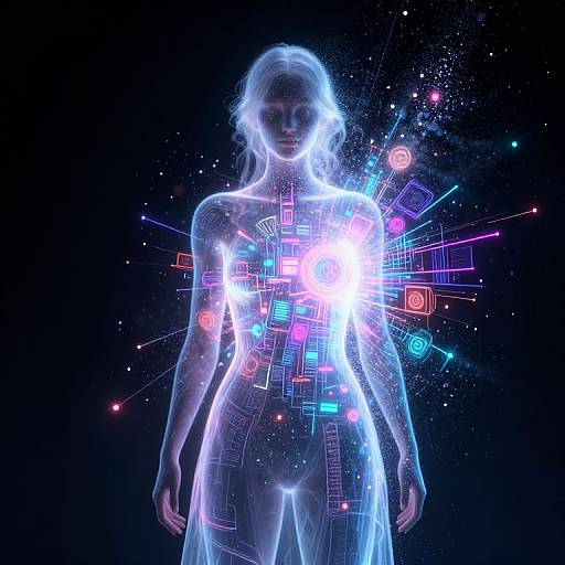 Digital illustration of a glowing, translucent, white-haired woman with neon circuitry and icons emanating from her chest, set against a dark starry background