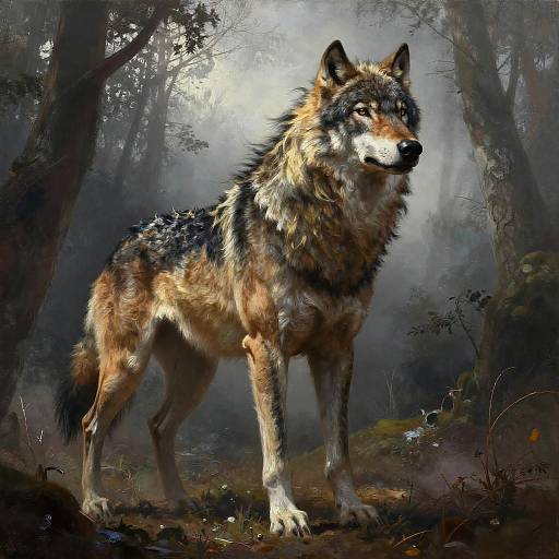 Digital painting of a majestic wolf with detailed fur, standing alert in a misty, dense forest with sunlight filtering through.