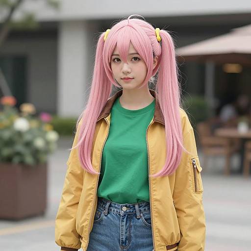 Young Woman with Pink Twin-Tails Outdoors