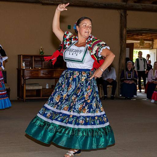 Photograph of a middle-aged woman in a traditional Spanish flamenco dress, dancing with arm raised, in a rustic indoor setting.
