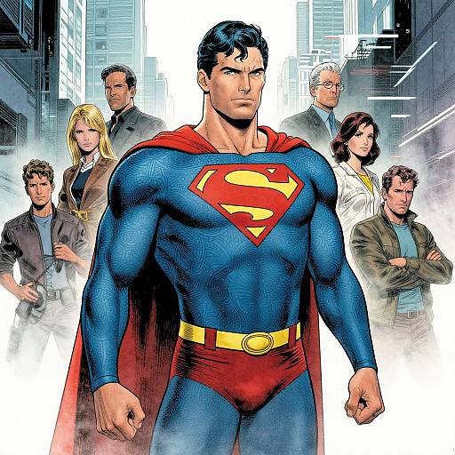 Digital comic-style illustration of muscular Superman in blue suit with red cape and 