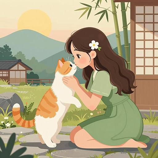 Whimsical Girl and Cat in Nature