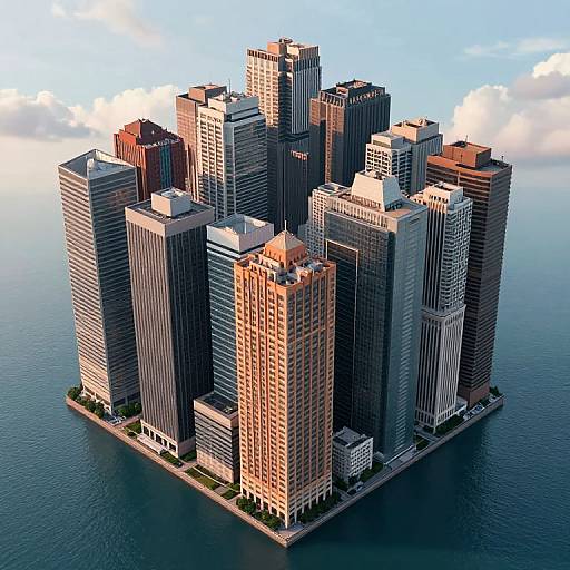 Photorealistic CGI of a cluster of tall, modern skyscrapers surrounded by calm ocean water under a blue sky with scattered clouds.