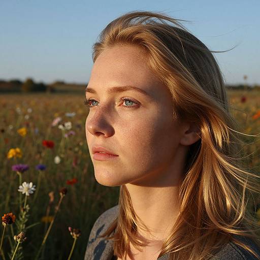 Photograph of a blonde, fair-skinned woman with light blue eyes, wearing a dark shirt, standing in a sunlit meadow of wildflowers