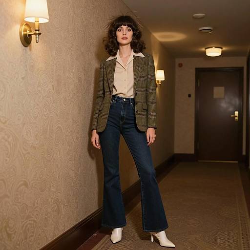1970s Fashion Woman in Plaid Blazer and Flared Jeans