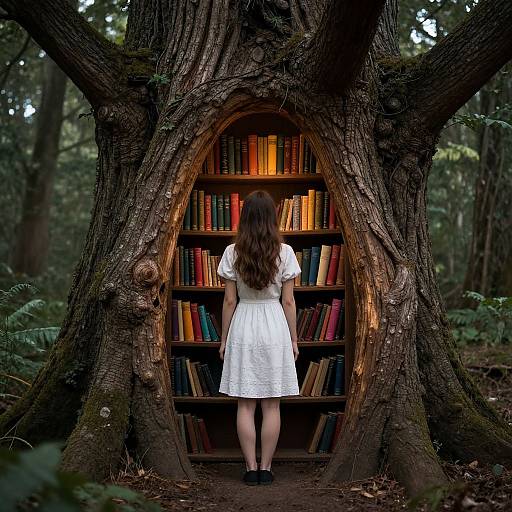 Photograph of a woman with long brown hair in a white dress, standing before a magical, tree-carved bookshelf in a forest.