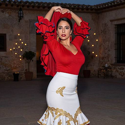 Photograph of a dark-haired woman with fair skin, wearing a red ruffled top and white skirt with gold embroidery, dancing outdoors at dusk against a