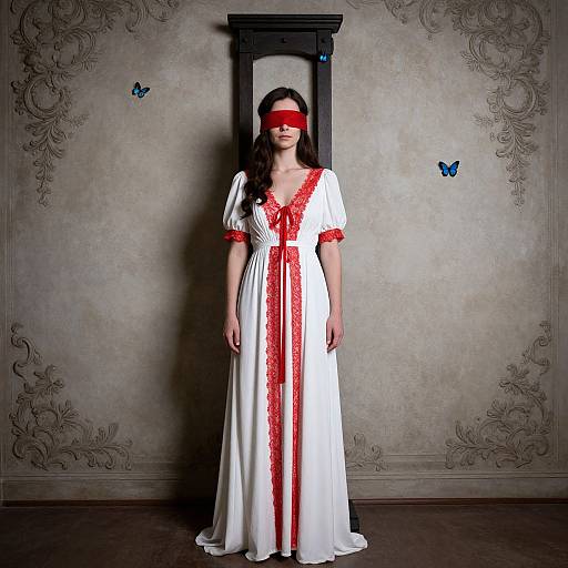 Photograph of blindfolded woman in white dress with red lace, standing against ornate gray wall, two blue butterflies on either side.
