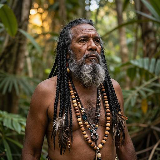 Photograph of a muscular, brown-skinned, older man with long black dreadlocks, gray beard, wearing wooden bead necklaces, standing in a