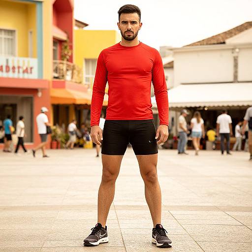 Photograph of a muscular, bearded man in a red long-sleeve shirt, black shorts, and black sneakers standing in a bustling, colorful