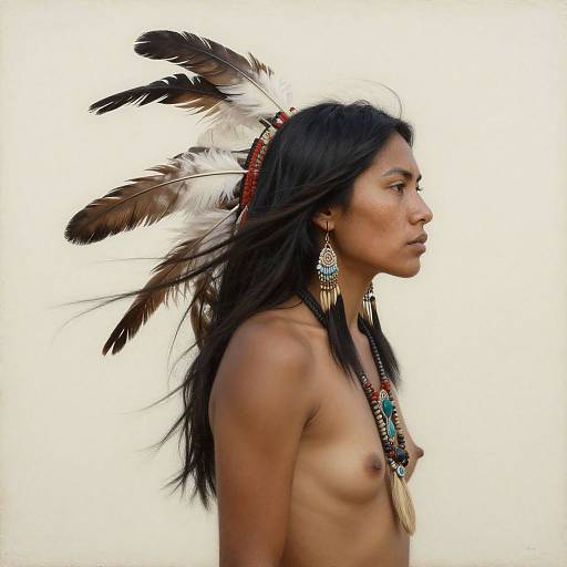 Photograph of a topless Indigenous woman with long black hair, brown feathers in a headdress, and intricate jewelry, facing right against a plain white