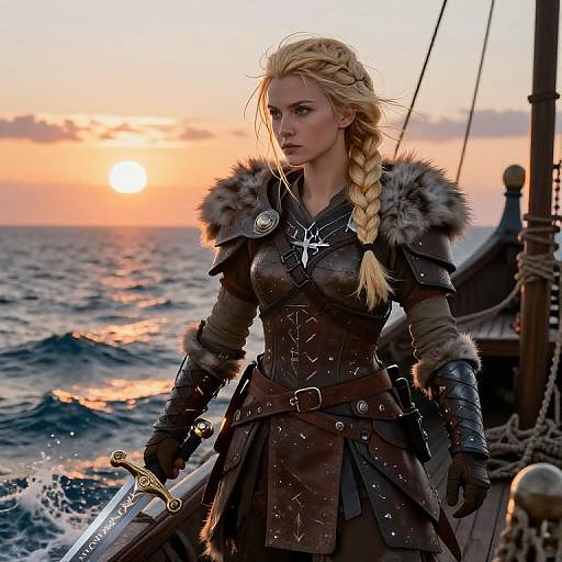 Photorealistic digital artwork of a blonde warrior woman with braided hair, wearing fur-trimmed armor, standing on a ship at sunset with a