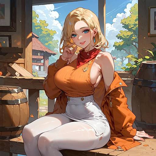 Smiling Woman Indoors with Barrel