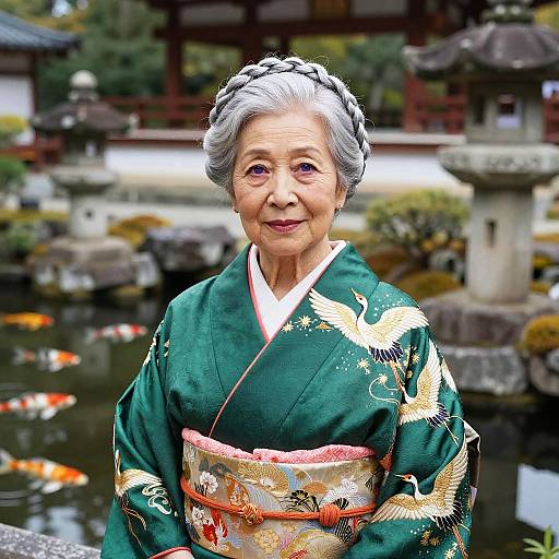 Silver Crowned Lady in Emerald Silk Kimono