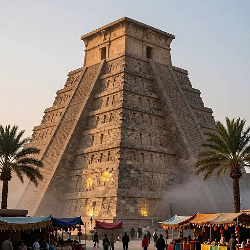 Photograph of the Pyramid of the Sun at Teotihuacán, illuminated by sunset, with palm trees, market stalls, and people in foreground