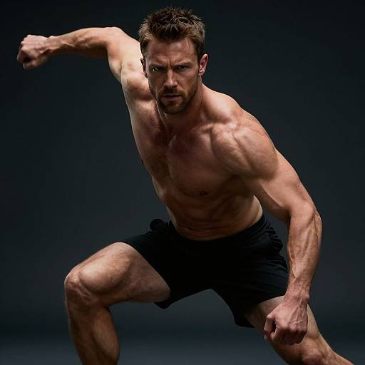 Photograph of a muscular, shirtless man with short brown hair, black shorts, and intense expression, striking a dynamic fighting pose against a dark background