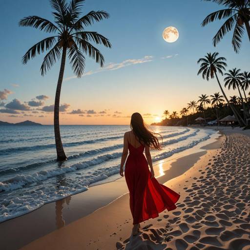 Confident Woman in Red Dress by Moonlit Beach
