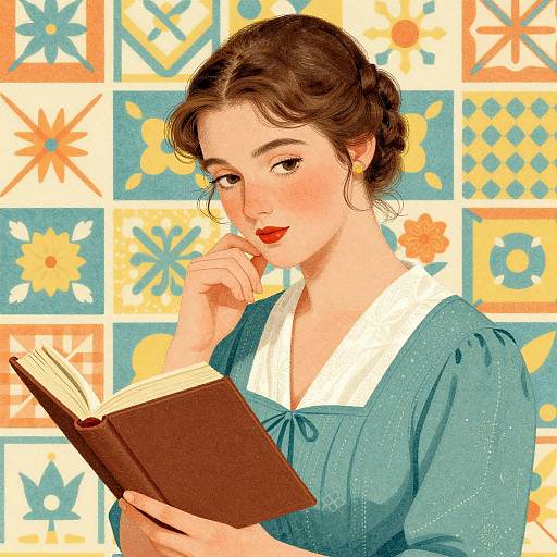 Digital illustration of a fair-skinned woman with brown hair in a braid, wearing a blue dress with white collar, reading a book against a colorful