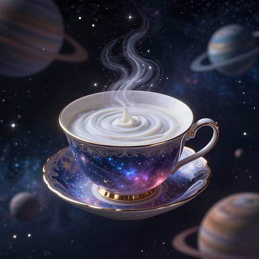 Photorealistic digital art of a starry-patterned teacup with steam rising, floating in space, surrounded by planets and galaxies.