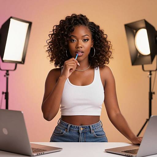 Photograph of a beautiful, dark-skinned woman with curly hair, wearing a white tank top and blue jeans, biting a blue pencil, with studio