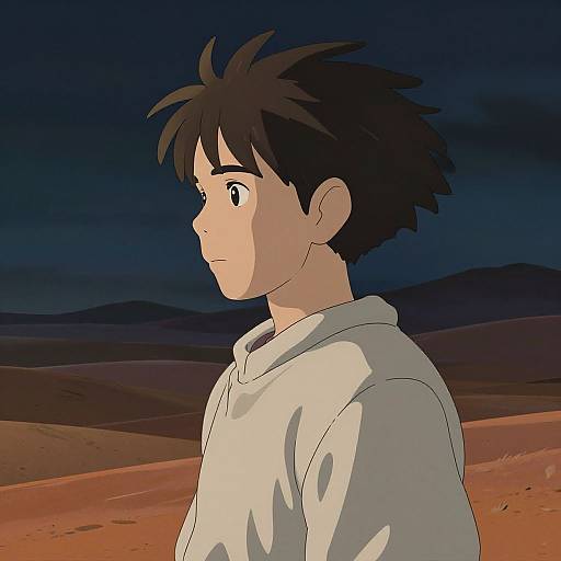 Digital anime-style drawing of a young boy with spiky black hair, wearing a white hoodie, standing in a dark, desert-like landscape at night.