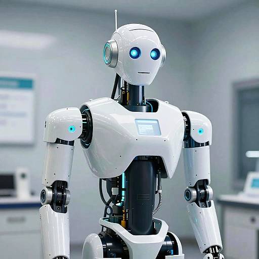 Photorealistic CGI of a sleek, white humanoid robot with glowing blue eyes and joints, standing in a modern, brightly lit laboratory.