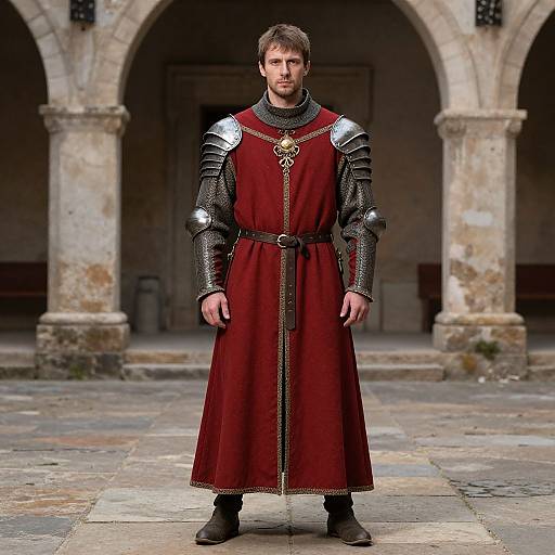 Photograph of a bearded man in medieval armor, wearing a red tunic with silver shoulder plates, standing in a stone courtyard with arched columns