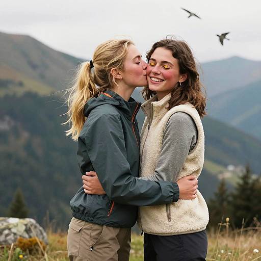 Photograph of two women kissing in a mountainous outdoor setting, one blonde in a green jacket, the other brunette in a beige vest, smiling with