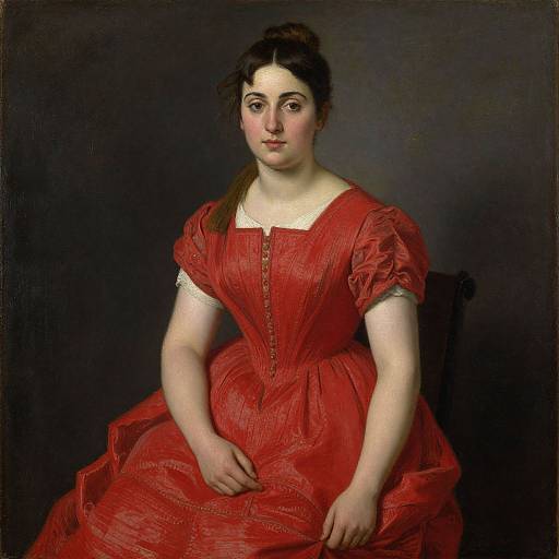 Oil painting of a young woman with fair skin and dark hair, wearing a red, puffed-sleeve dress, seated against a dark background.