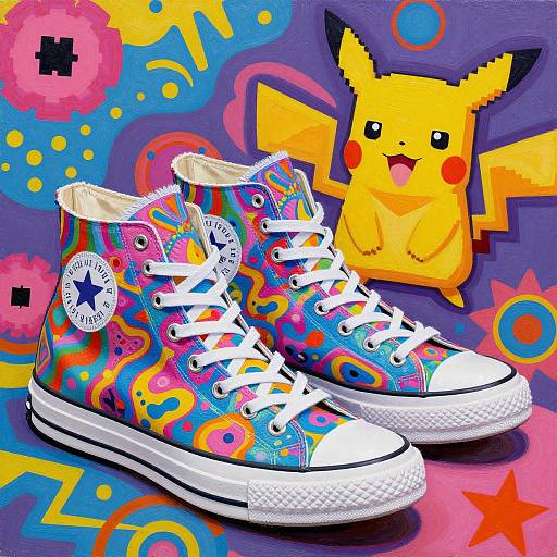 Vibrant digital artwork of colorful, psychedelic-patterned high-top sneakers with white laces, featuring Pikachu in the background on a purple, abstract,