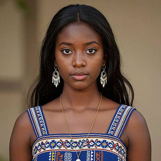 Photograph of a young Black woman with long black hair, wearing a blue, patterned dress, gold necklace, and intricate earrings, against a blurred