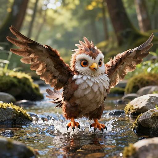 Photorealistic digital art of a small, fluffy, brown and white owl with wide wings spread, standing in a sunlit forest stream, splashing