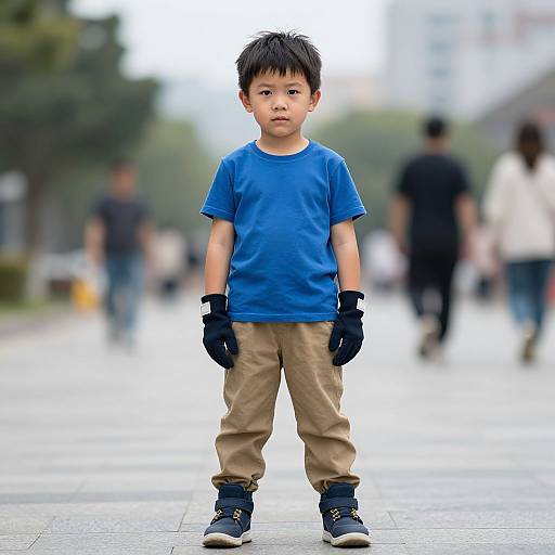 Photograph of an Asian boy in a blue shirt, beige pants, black gloves, and sneakers, standing confidently on a blurred urban street.