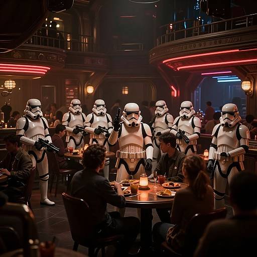 Photograph of Stormtroopers playing instruments at a dimly lit, neon-lit bar, surrounded by seated patrons with drinks. Retro sci-fi setting