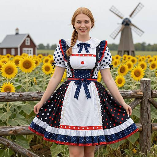 Photograph of a smiling young woman with red hair in a polka-dot Dutch maid dress, standing in a sunflower field with a windmill and