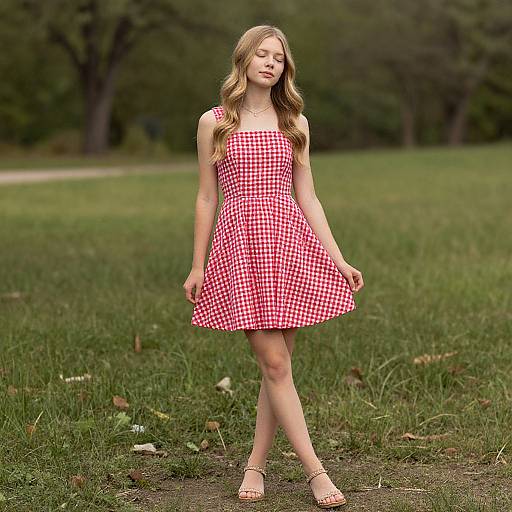 Blonde Girl in Gingham Dress Outdoors
