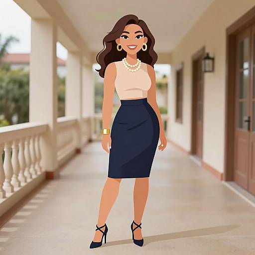 Digital illustration of a stylish woman with wavy brown hair, wearing a white sleeveless top, navy pencil skirt, black heels, gold necklace, earrings