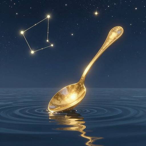 Glowing gold spoon with constellation pattern in night sky, floating on rippling water, reflected in dark blue ocean. Digital artwork.