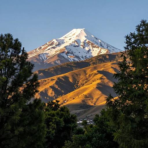 Photograph of a snow-capped mountain bathed in golden sunlight, with dark green pine trees in the foreground, against a clear blue sky.