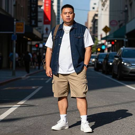 Photograph of an Asian man standing on a city street, wearing a white t-shirt, blue denim vest, beige shorts, white socks, and white