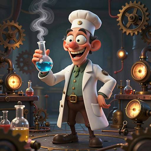 Cartoon scientist with white coat, green shirt, and hat, holding blue-smoking test tube, standing in steampunk laboratory with gears and glowing