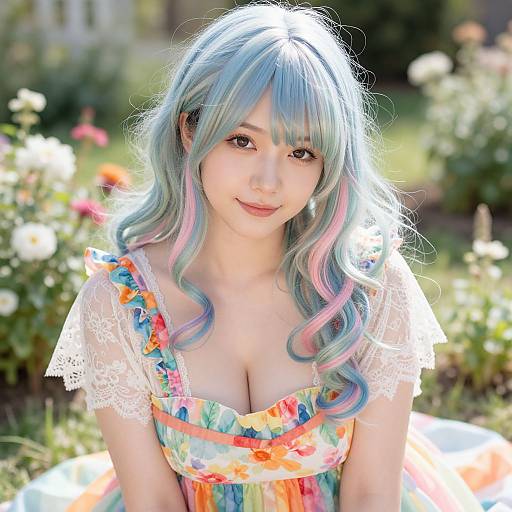 Photograph of a young woman with long, pastel blue and pink wavy hair, wearing a floral dress with lace sleeves, smiling in a sun