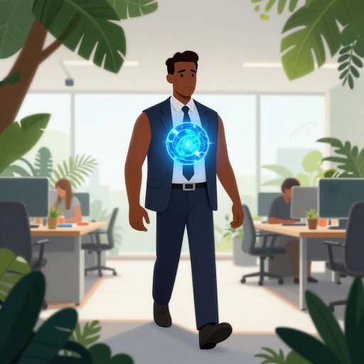 Digital illustration of a muscular man in a blue suit with a glowing blue hologram on his chest, walking through a bright, modern office with two blurred