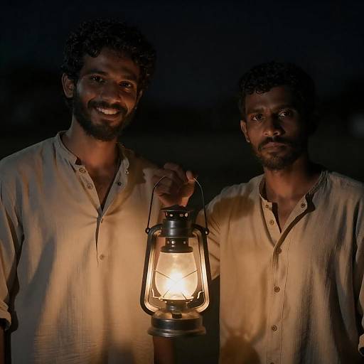 Two Men Illuminated by Lantern Light
